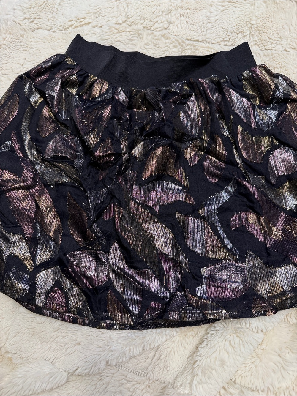 Women's Black Metallic Leaf-Print Skirt